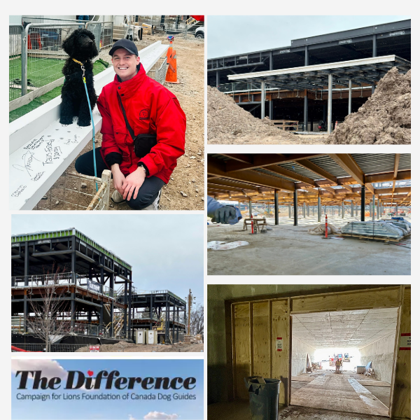 A collage of five images showing, clockwise from top left, Travis signing a beam showing signatures of those contributing to this building site with black poodle puppy Darby sitting beside him, Signed beam in position over the entrance that is now part of the structure, the basement level with walls in place, construction starting on the ground floor and a south view showing work completed on the upper stories.