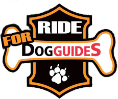 Image of the Motorcycle Ride for Dog Guides logo, featuring a stylized dog bone shape with the words Ride for Dog Guides and a paw print in the center.
