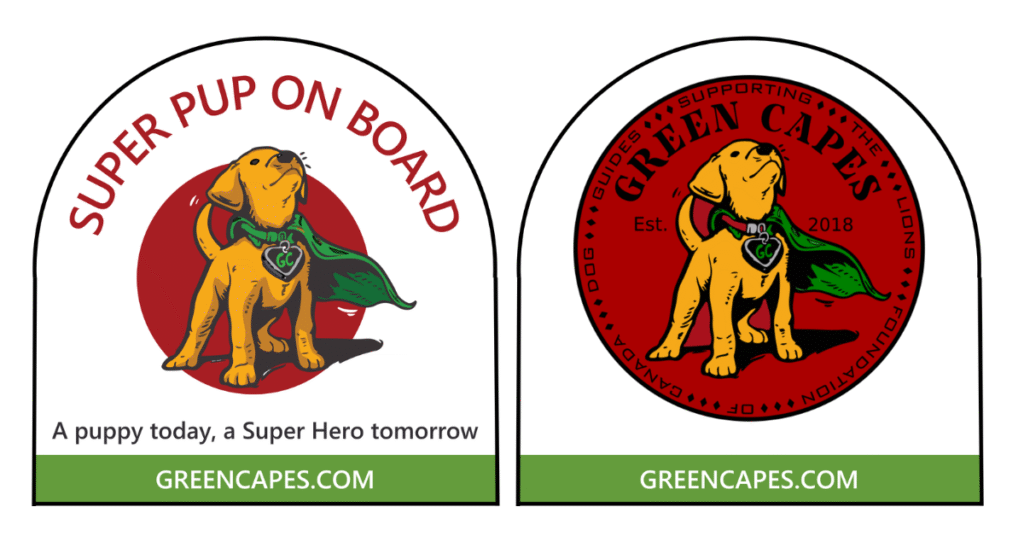 A collage showing the two sticker designs now available in the Green Capes store. On the left is a sticker showing the Super Pup image with the text "Super Pup on board" and "A puppy today, a Super Hero tomorrow" encircling it. The second is an image of the Super Pup logo with the text "Supporting the Lions Foundation of Canada Dog Guides" and "Green Capes" encircling it. Both stickers have a green banner at the bottom with the greencapes.com address displayed in white.