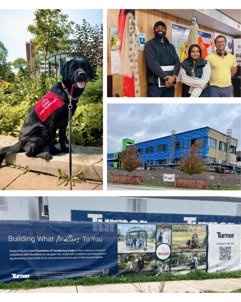 An image collage showing various photos from the site and of Turner. Clockwise from upper left: Turner in Training, the building site, the core crew keeping positive with Halloween decorations and site posters saying "Building what matters to you"