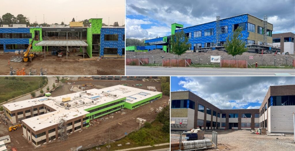 A collage of four images showing the new Dog Guide training school under construction. Top left: a front view with green and blue coverings, scaffolding and a steel framework at the entrance. Top right: a side view of the two-storey building with blue and green coverings and scaffolding. Bottom left: an aerial view showing the school layout, flat white roof with vents and construction vehicles around the site. Bottom right: a courtyard view with brown brick and light stone facades, windows installed and construction materials on the ground.