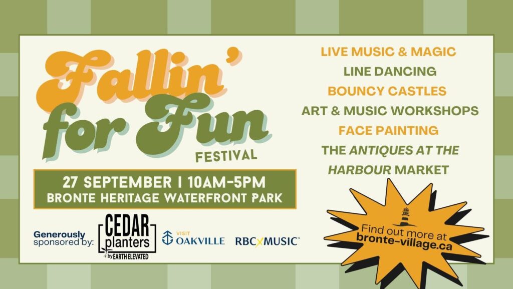 An image showing an advertisement for the "Fallin' for Fun Festival" which will take place on September 27th from 10 AM to 5 PM at Bronte Heritage Waterfront Park.