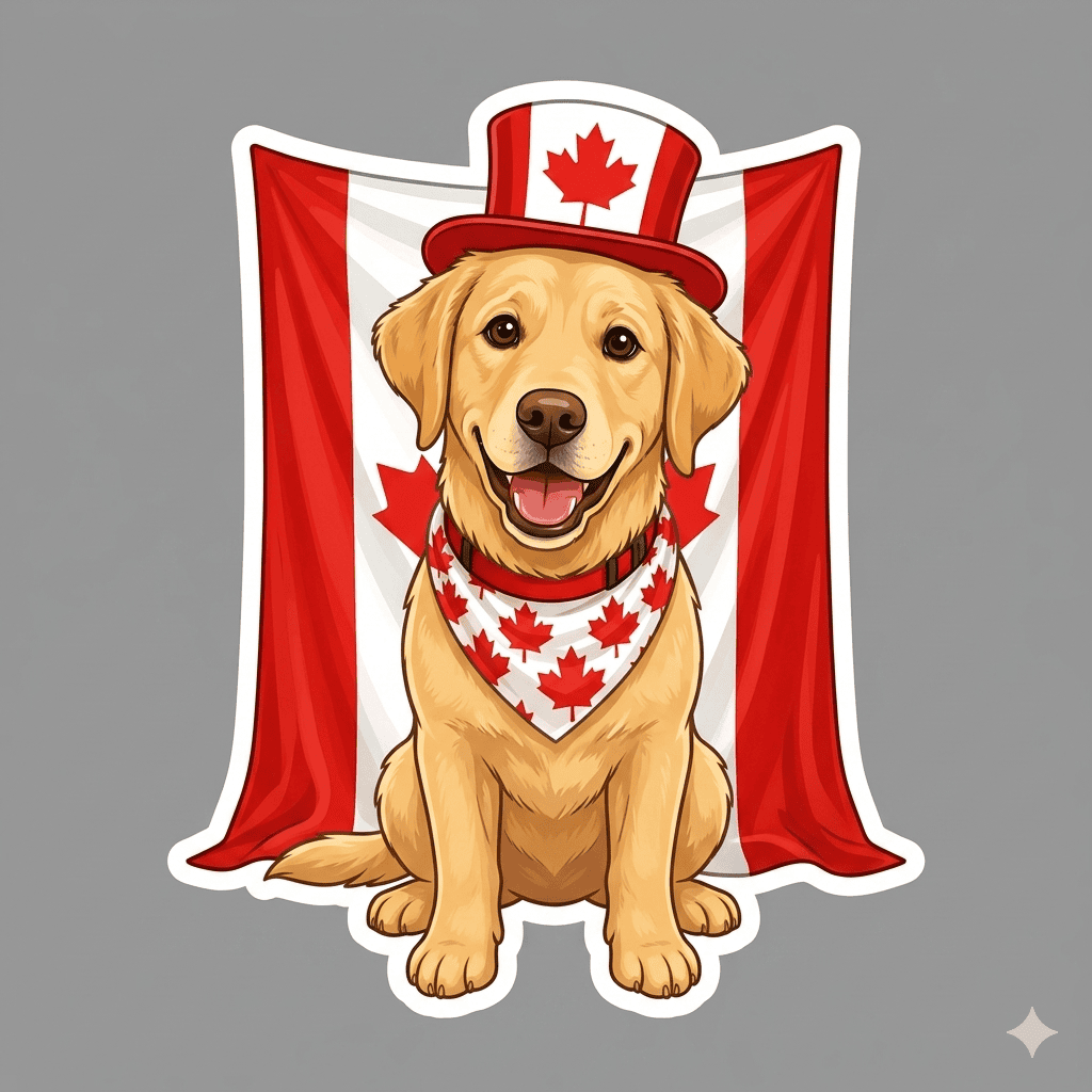 Happy Canada Day. Yellow lab sitting in front of a Canadian flag wearing a hat and bandana with maple leaves.