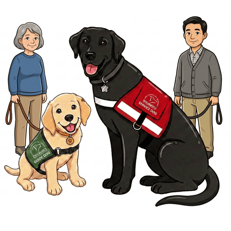 A service dog puppy in green jacket and a service dog in a red jacket with their handlers