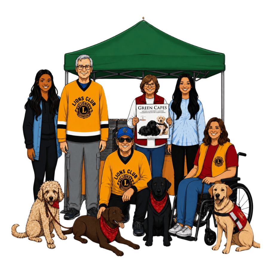 Lions club members selling Calendars under a green tent. Three pets in red bandanas and one service dog beside a wheel chair at the front 6 lions members and friends behind, many in yellow LC shirts or vests.