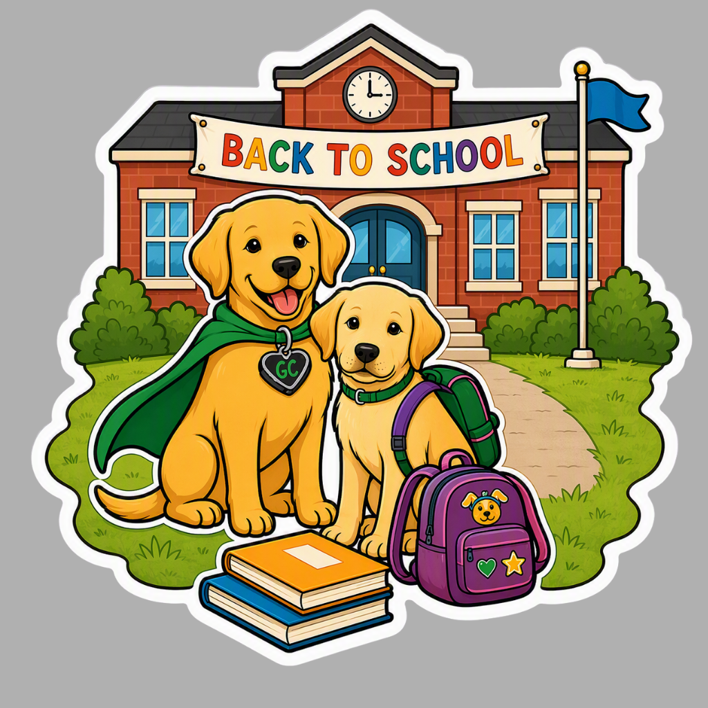 Two puppies going back to school