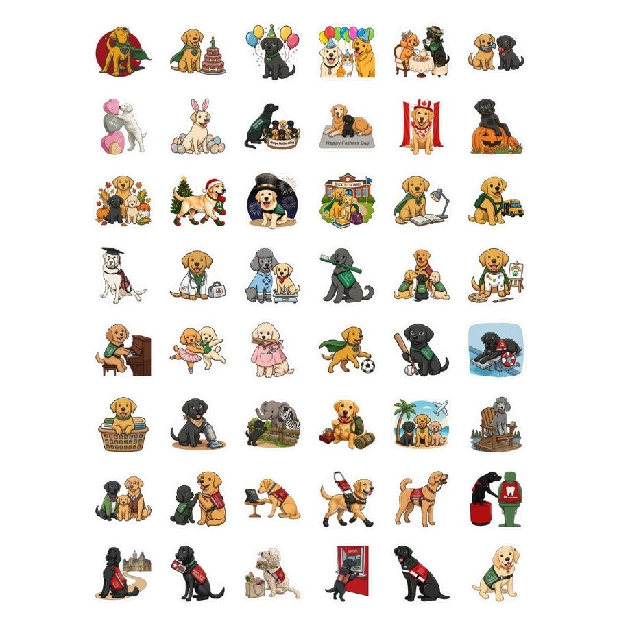 A collage showing various colorful illustrations of dogs in various playful, festive, and everyday scenarios. Dogs are depicted celebrating birthdays, wearing costumes, holding balloons, with gifts, playing sports, studying, and engaging in activities like cooking, reading, and cleaning. Some dogs hold signs like "Happy Mother's Day" and "Back to School." The illustrations feature diverse themes including holidays, school, family, and leisure, all with a vibrant, cheerful style on a black background, emphasizing the dogs' expressions and actions.